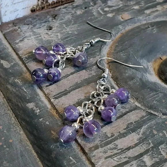 Handcrafted Amethyst Purple Gemstone Bead Dangle Silver Platinum Plated Earrings - Picture 6 of 10